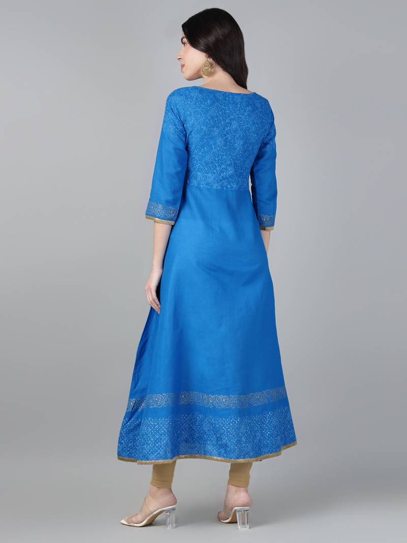 Sky blue cotton printed anarkali kurta