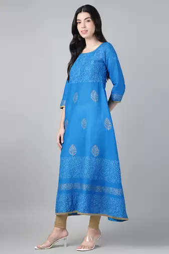 Sky blue cotton printed anarkali kurta