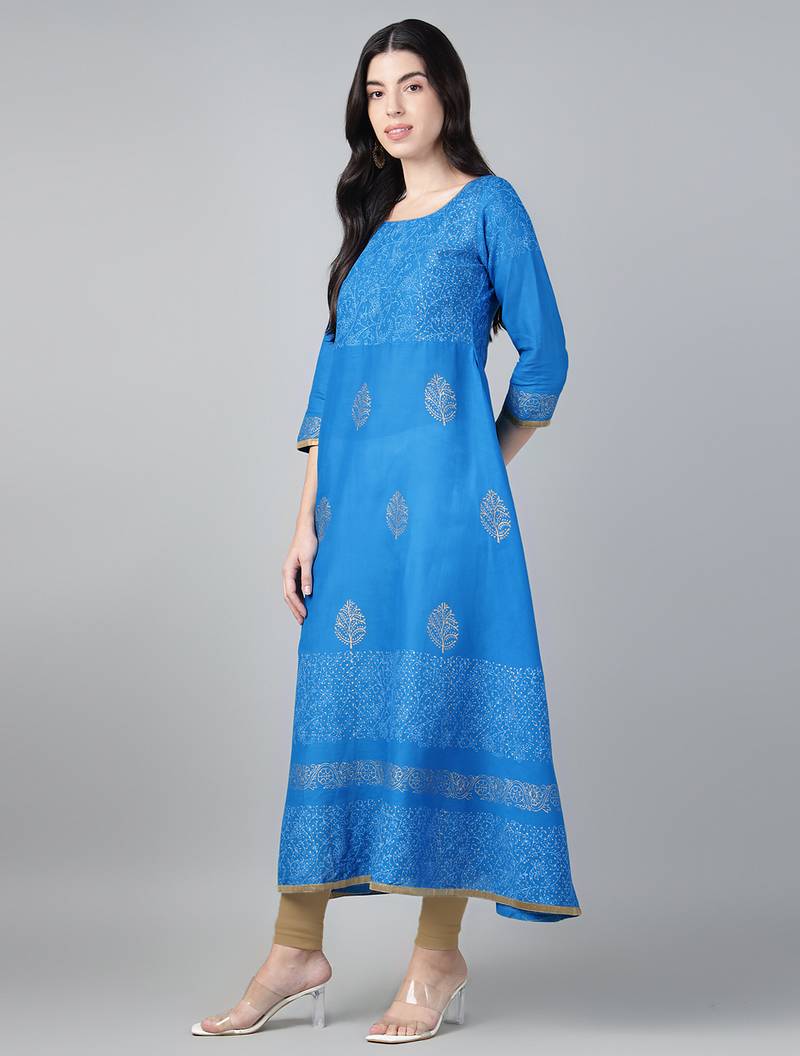 Sky blue cotton printed anarkali kurta