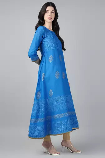 Sky blue cotton printed anarkali kurta
