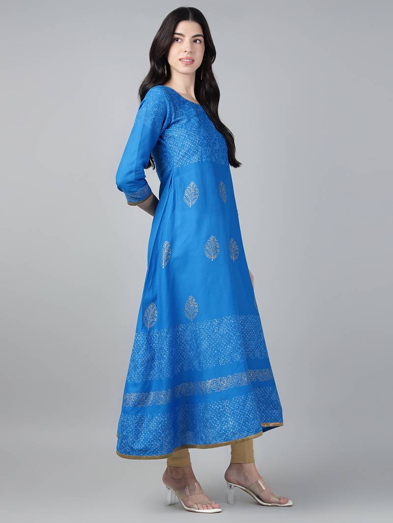 Sky blue cotton printed anarkali kurta