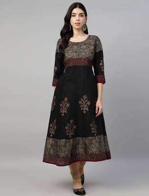 Black cotton printed anarkali kurta 1