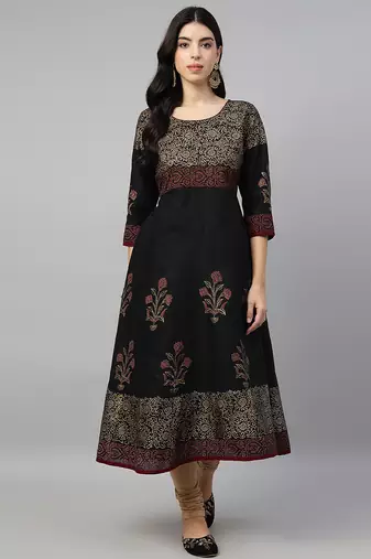 Black cotton printed anarkali kurta