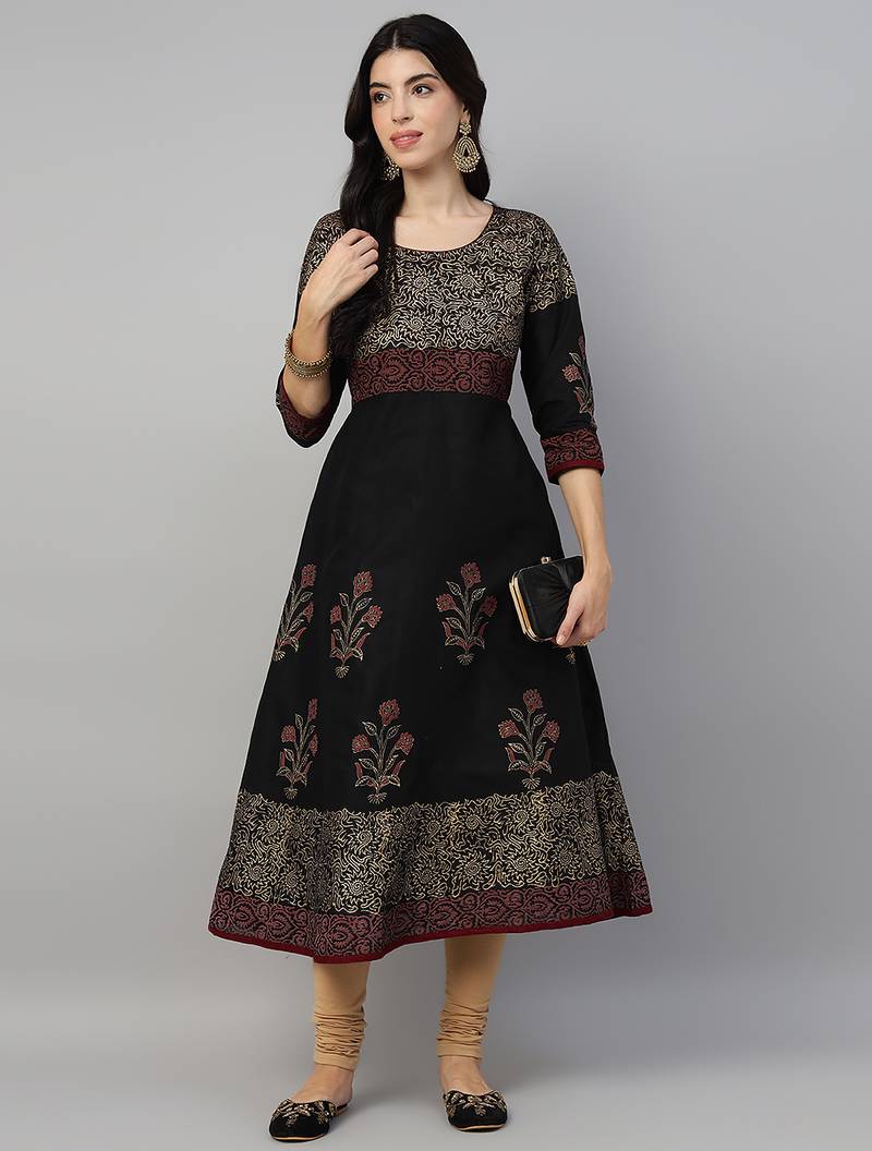 Black cotton printed anarkali kurta