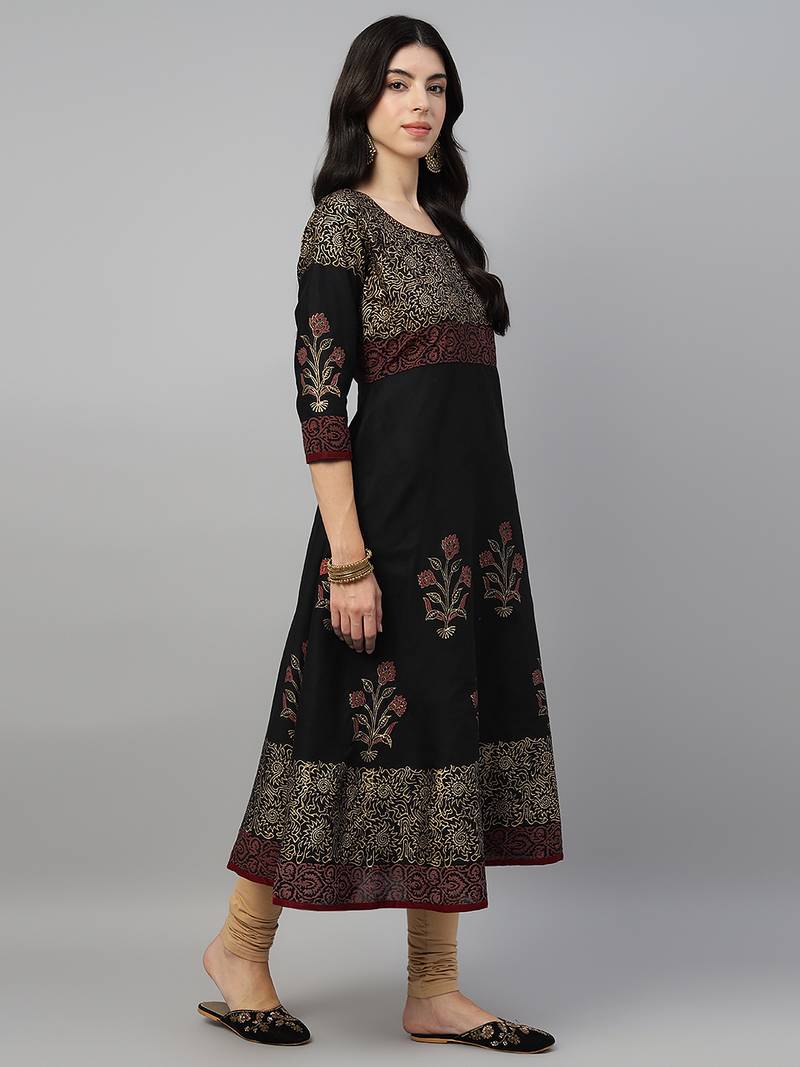 Black cotton printed anarkali kurta