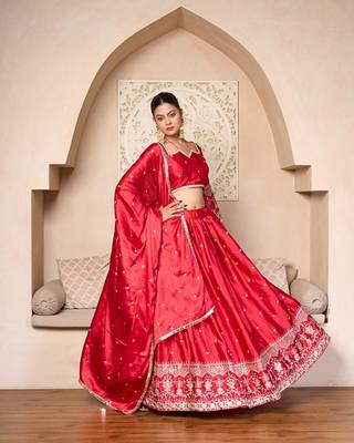 designer red silk lehenga choli with embellished work 2