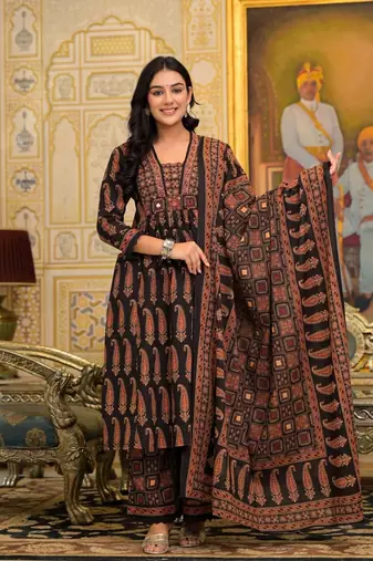 Black Ajrakh Print Kurta Pant with Dupatta