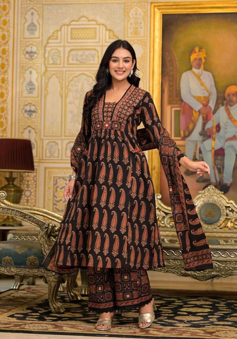 Black Ajrakh Print Kurta Pant with Dupatta