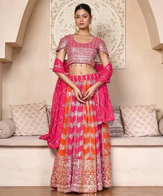 elegant pink orange georgette embroidered lehenga choli set 1