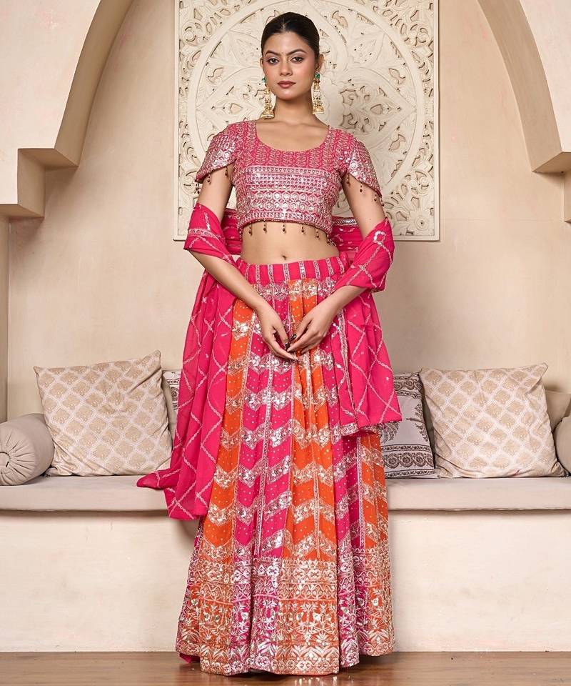 elegant pink orange georgette embroidered lehenga choli set
