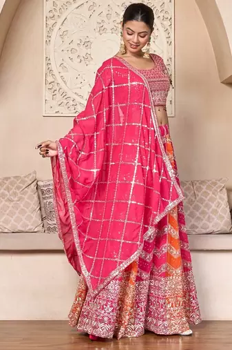elegant pink orange georgette embroidered lehenga choli set