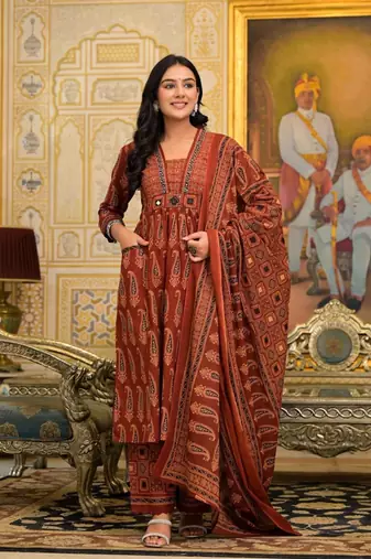 Rust Ajrakh Print Kurta Pant with Dupatta