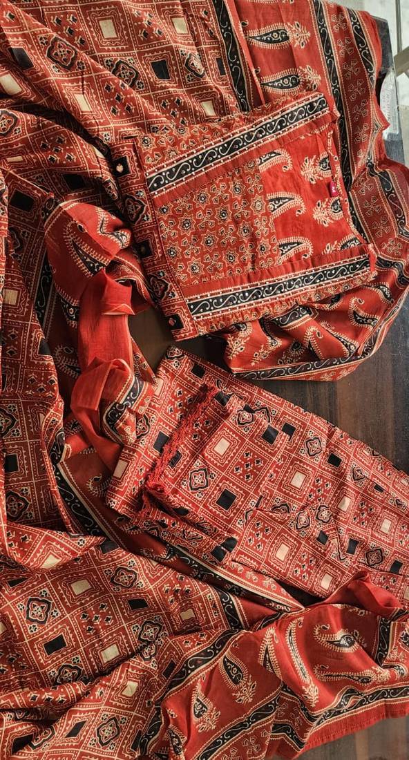 Rust Ajrakh Print Kurta Pant with Dupatta
