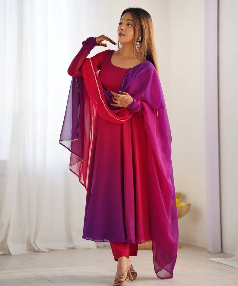 Pure soft fox georgette most trendy padding fabric fully flair anarkali,with duppta set,pent ready to wear