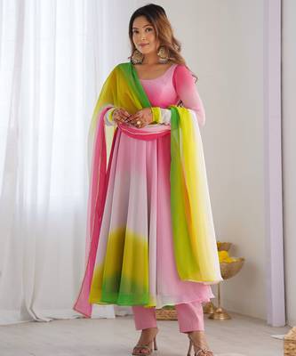 Pure soft fox georgette most trendy padding fabric fully flair anarkali,with duppta set,pent ready to wear 1
