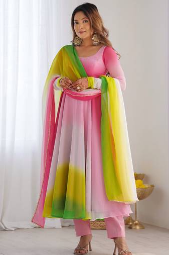 Pure soft fox georgette most trendy padding fabric fully flair anarkali,with duppta set,pent ready to wear