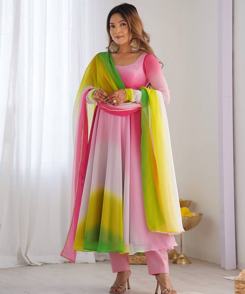 Pure soft fox georgette most trendy padding fabric fully flair anarkali,with duppta set,pent ready to wear