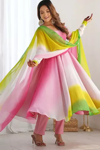 Pure soft fox georgette most trendy padding fabric fully flair anarkali,with duppta set,pent ready to wear