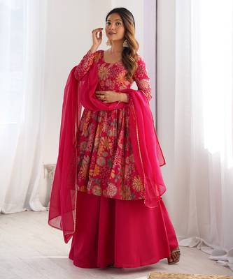 Pure soft romansilk chanderi discharge print fabric fully flair kediya style kurta,with duppta set,palazzo ready to wear 1