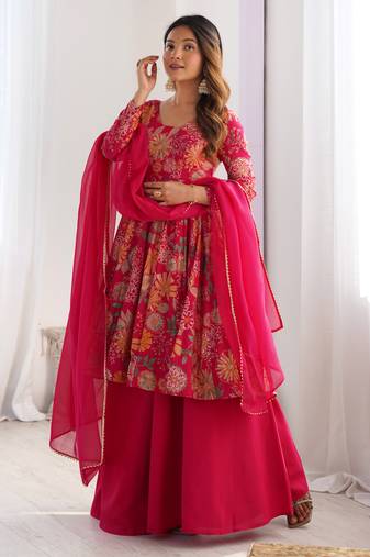 Pure soft romansilk chanderi discharge print fabric fully flair kediya style kurta,with duppta set,palazzo ready to wear