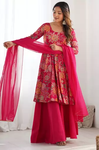 Pure soft romansilk chanderi discharge print fabric fully flair kediya style kurta,with duppta set,palazzo ready to wear
