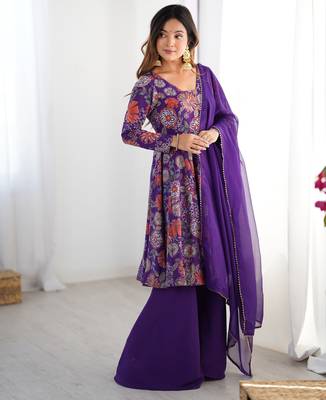 Pure soft romansilk chanderi discharge print fabric fully flair kediya style kurta,with duppta set,palazzo ready to wear 1