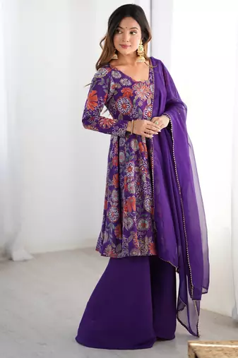 Pure soft romansilk chanderi discharge print fabric fully flair kediya style kurta,with duppta set,palazzo ready to wear