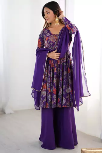 Pure soft romansilk chanderi discharge print fabric fully flair kediya style kurta,with duppta set,palazzo ready to wear