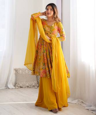 Pure soft romansilk chanderi discharge print fabric fully flair kediya style kurta,with duppta set,palazzo ready to wear 4