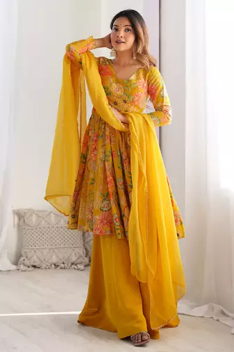 Pure soft romansilk chanderi discharge print fabric fully flair kediya style kurta,with duppta set,palazzo ready to wear