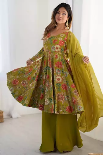 Pure soft romansilk chanderi discharge print fabric fully flair kediya style kurta,with duppta set,palazzo ready to wear