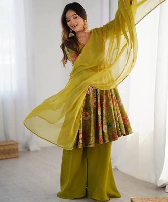 Pure soft romansilk chanderi discharge print fabric fully flair kediya style kurta,with duppta set,palazzo ready to wear 4