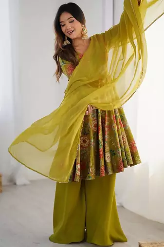 Pure soft romansilk chanderi discharge print fabric fully flair kediya style kurta,with duppta set,palazzo ready to wear