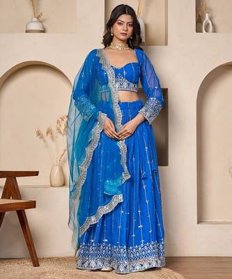 royal blue embroidered georgette lehenga set with net dupatta 1