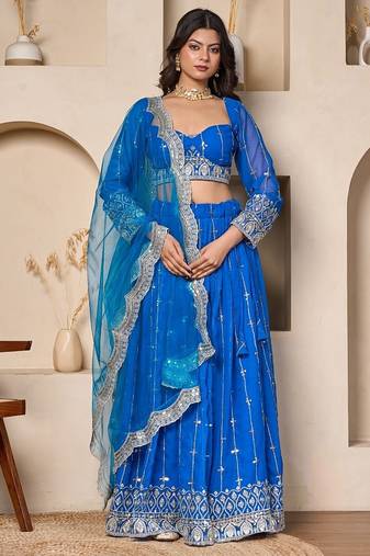 royal blue embroidered georgette lehenga set with net dupatta