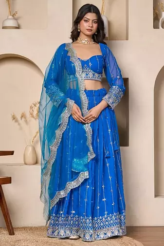 royal blue embroidered georgette lehenga set with net dupatta