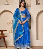 royal blue embroidered georgette lehenga set with net dupatta