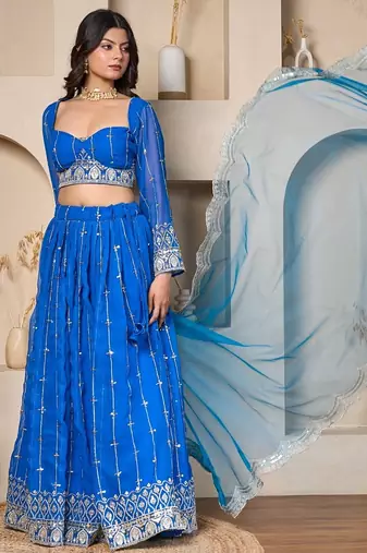 royal blue embroidered georgette lehenga set with net dupatta