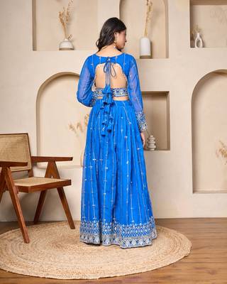 royal blue embroidered georgette lehenga set with net dupatta 3