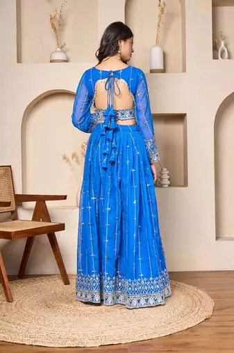 royal blue embroidered georgette lehenga set with net dupatta