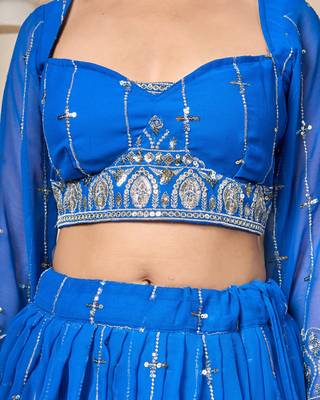royal blue embroidered georgette lehenga set with net dupatta 4