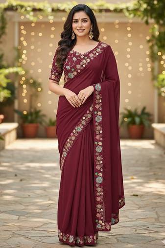 Star Georgette Sequence Embroidered Lace Work Women' Saree With Blouse Set 
