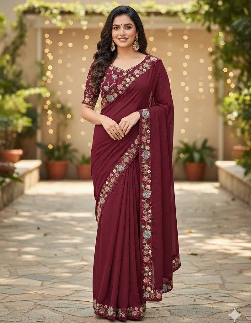 Star Georgette Sequence Embroidered Lace Work Women' Saree With Blouse Set 