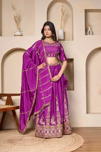 purple silk embroidered lehenga set with dupatta