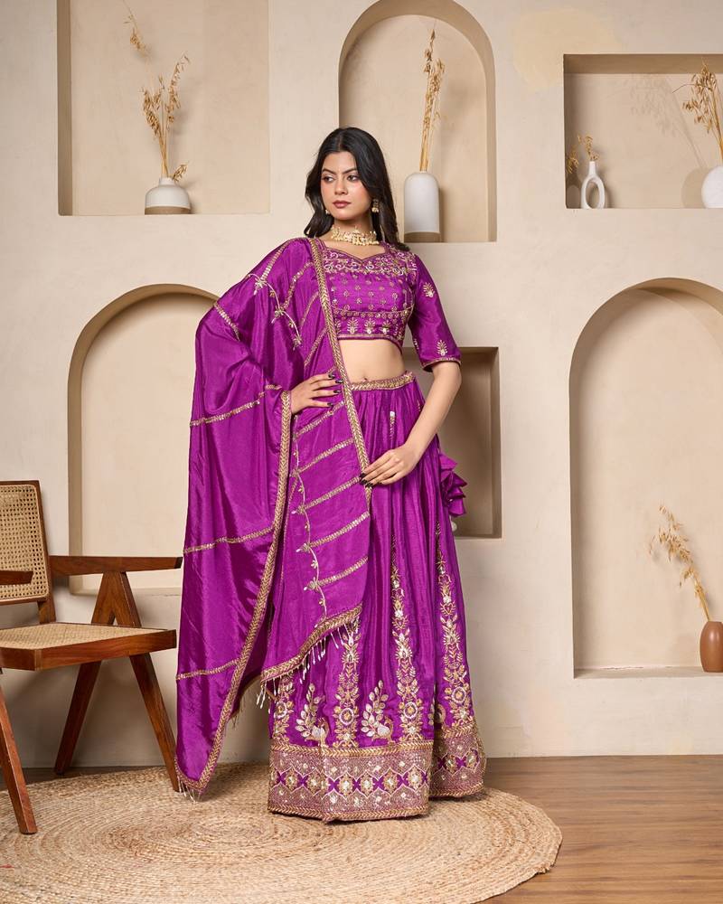 purple silk embroidered lehenga set with dupatta