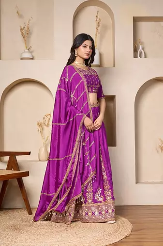 purple silk embroidered lehenga set with dupatta