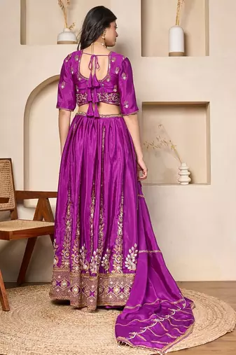 purple silk embroidered lehenga set with dupatta