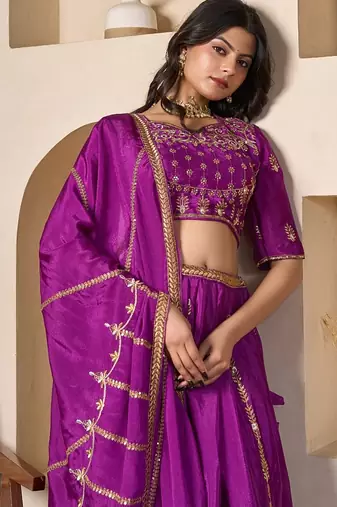 purple silk embroidered lehenga set with dupatta