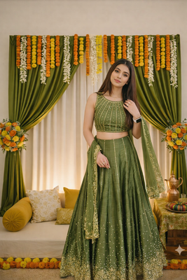 olive green thai silk sequins work lehenga choli set  1
