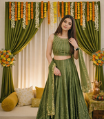 olive green thai silk sequins work lehenga choli set 